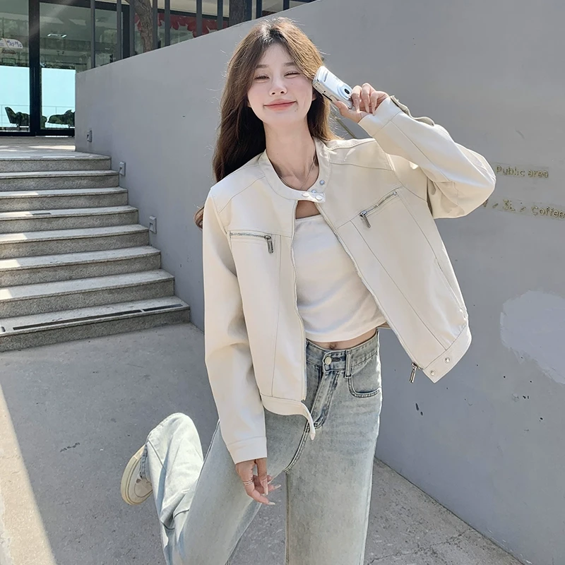 韩系米白色工装外套女2025春季新款小个子甜酷风休闲皮衣夹克上衣