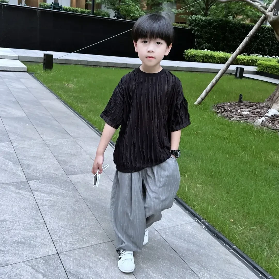 【专柜品质】男童夏季薄款短袖T恤2025新款中大童休闲宽松纯色套装