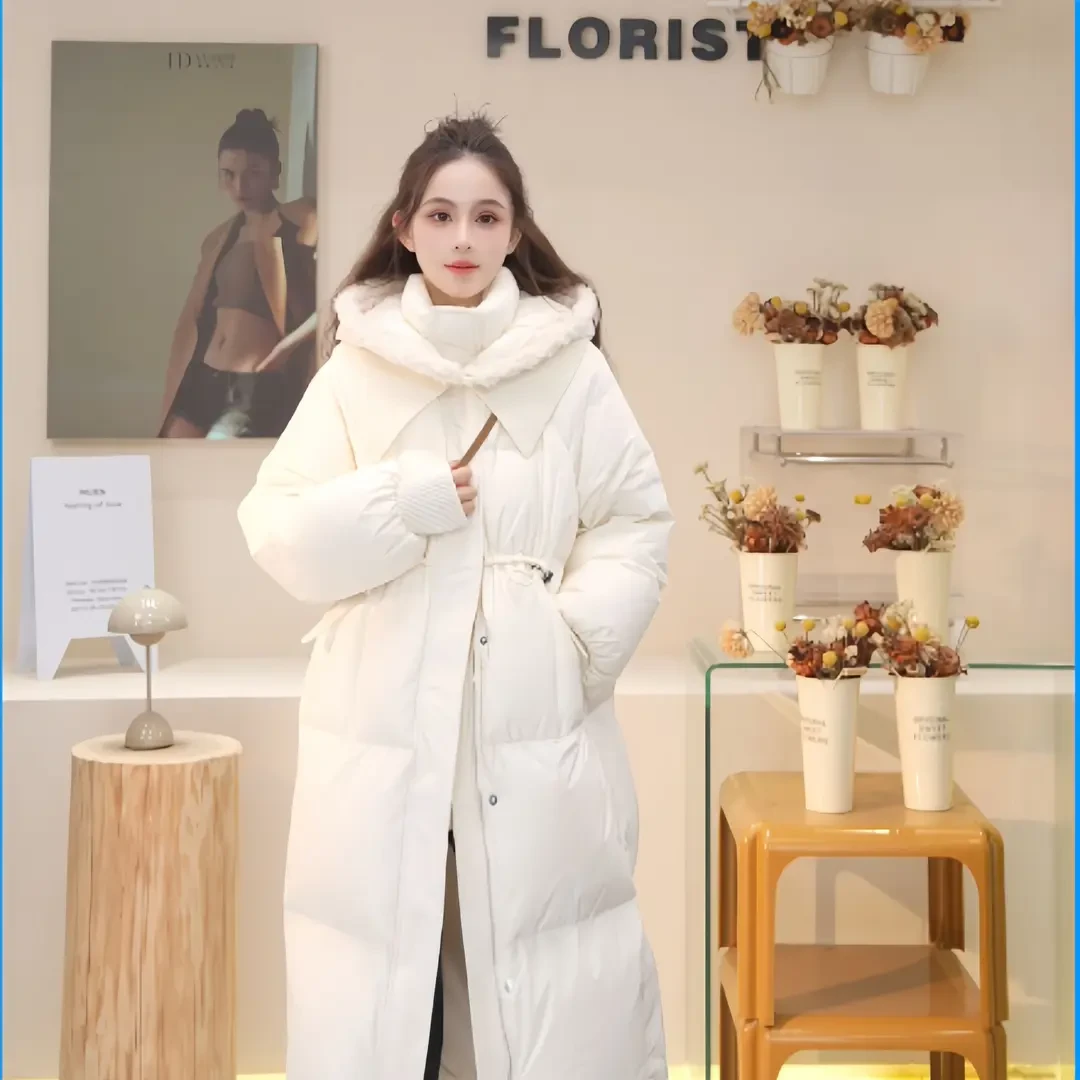 Basic House/百家好YL韩系宽松加厚长款连帽羽绒服保暖鸭绒外套