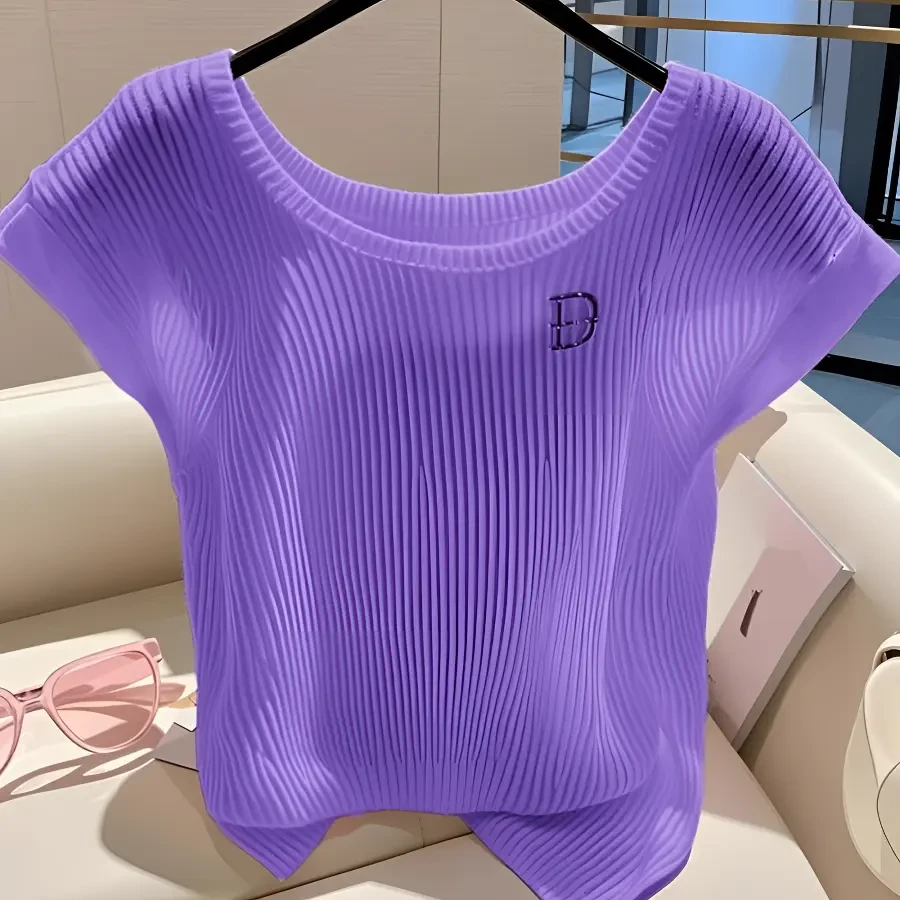 紫色低圆领冰丝针织短袖T恤独特超好看单穿上衣2025夏季新款小众