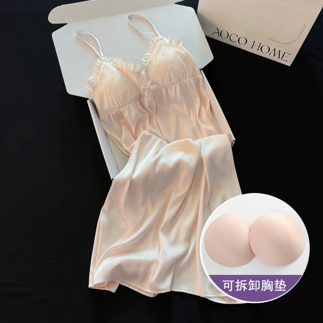 冰雪丝睡裙睡衣女夏季薄款大码凉感甜美带胸垫粉色吊带裙子家居服