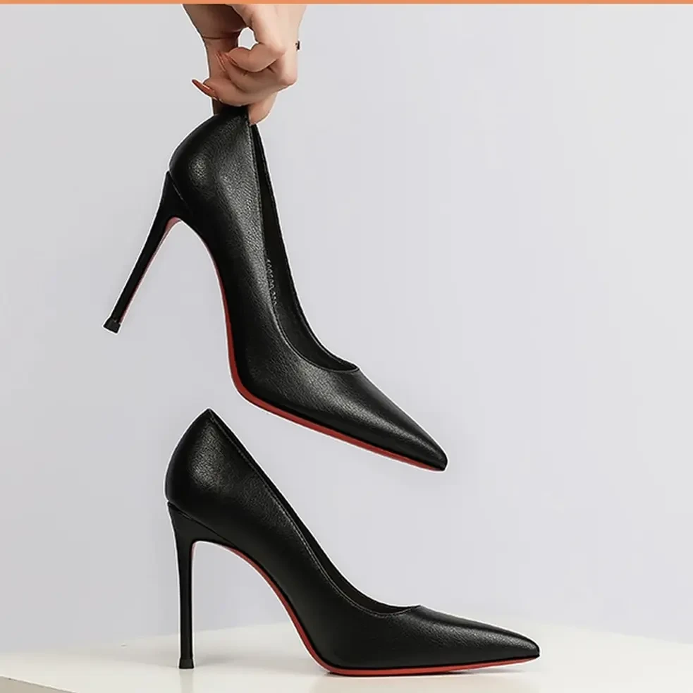 软羊皮［有运费险］尖头细跟红底黑色气质不累脚时尚百搭高跟鞋单鞋