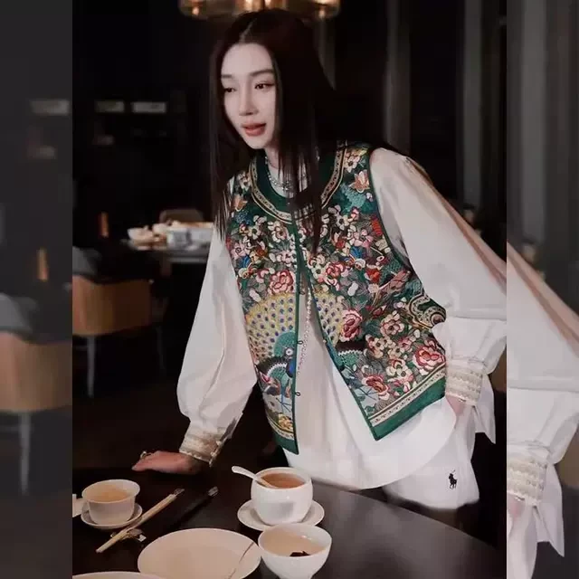 高级感改良汉服两件套复古印花马甲衬衫新中式国风套装女春秋新款