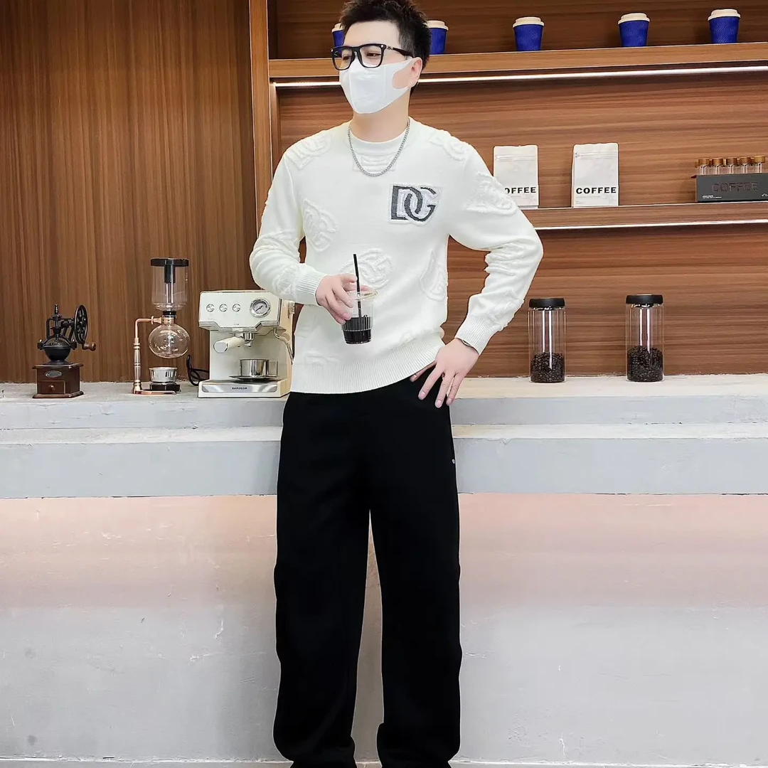 沙恩名品冬季男士手工提花保暖羊毛圆领套头针织衫内搭