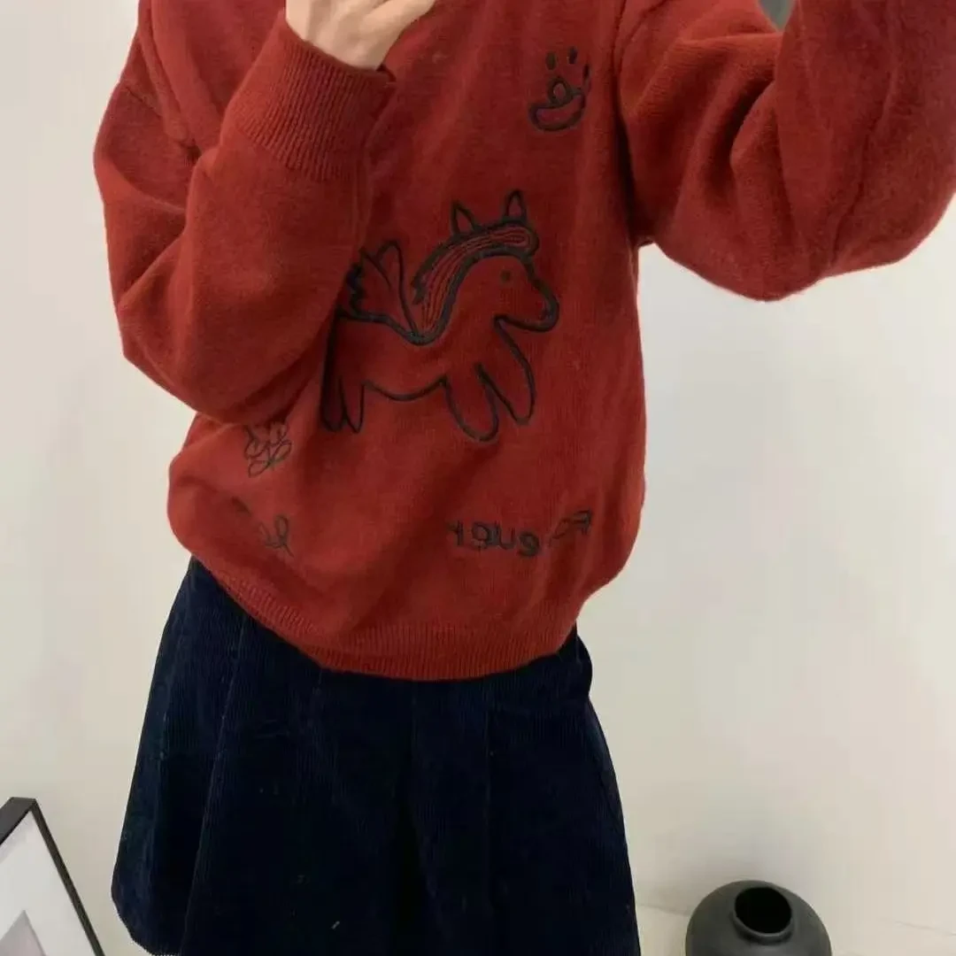 2025秋冬新款卡通小马圆领针织衫女慵懒宽松内搭百搭上