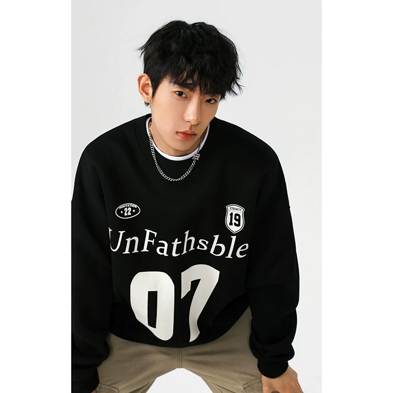 美式街头重磅圆领卫衣男春秋潮牌oversize宽松慵懒外套炸街高级感