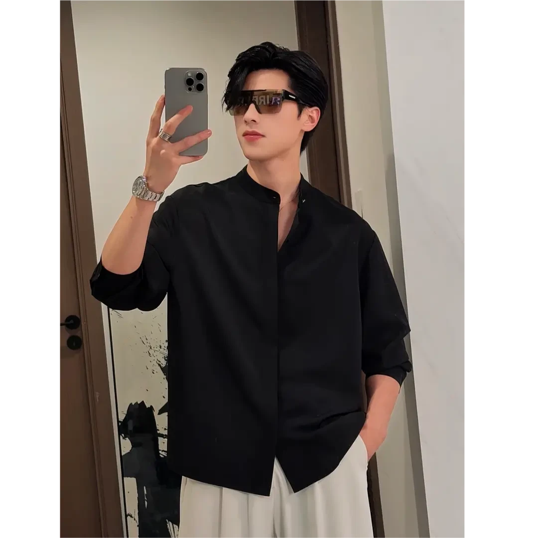 【百象服饰】夏新款男士驱蚊香薰系列立领宽松纯色设计师款百搭衬衣