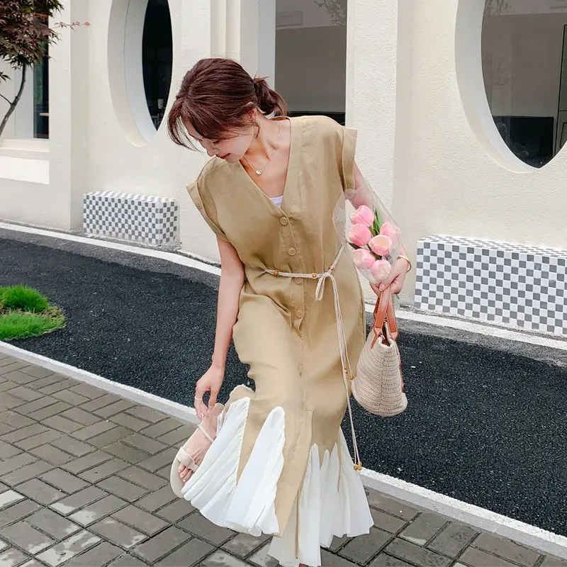 法式复古连衣裙女2025夏季新款轻奢高级感韩系ins撞色拼接鱼尾裙