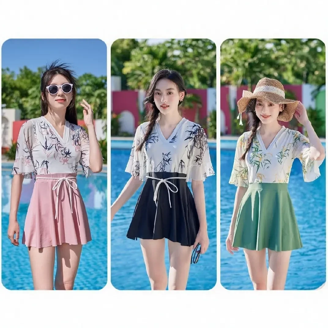 国风气质泳衣女分体平角如厕款带系绳遮肚显瘦胖mm温泉大码游泳装