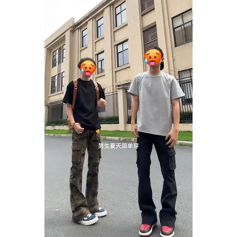 复古美式多口袋工装裤子男款夏季微喇迷彩裤直筒修身显瘦vibe长裤