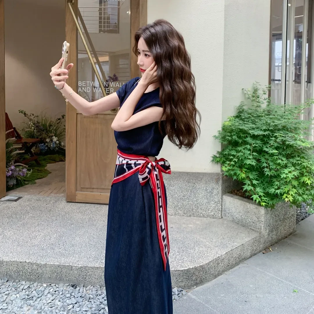 设计师款丝巾拼接短上衣女装夏季爆款洋气百搭老钱风半身裙两件套