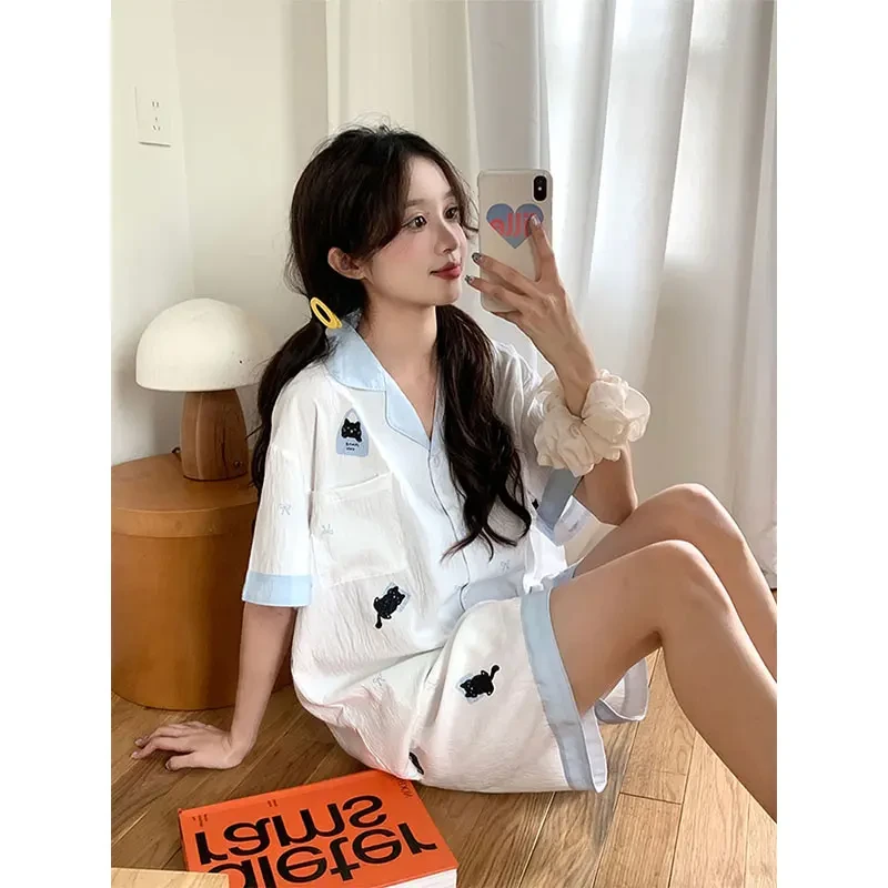 撞色边奶呼黑猫睡衣女夏季薄款云朵棉2025新款可外穿家居服套装