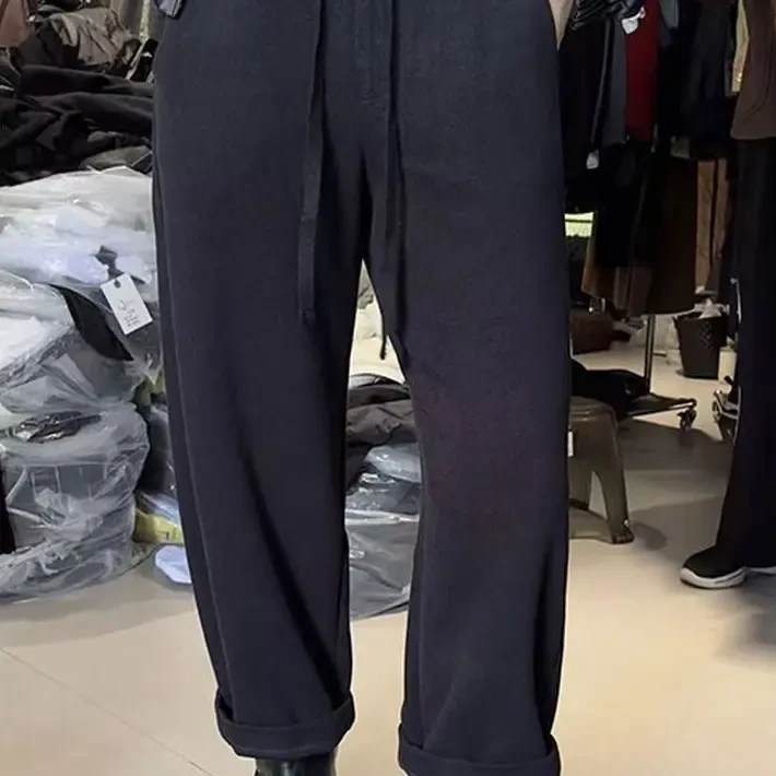 JING冬季新款0901抽绳高腰百搭显瘦直筒宽松休闲拉绒保暖裤