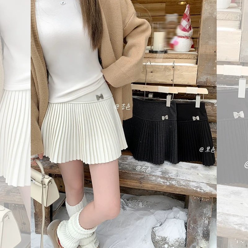 曾小咸 黑色毛呢半身裙女冬季短裙学院风高腰百褶裙Z244BR4143