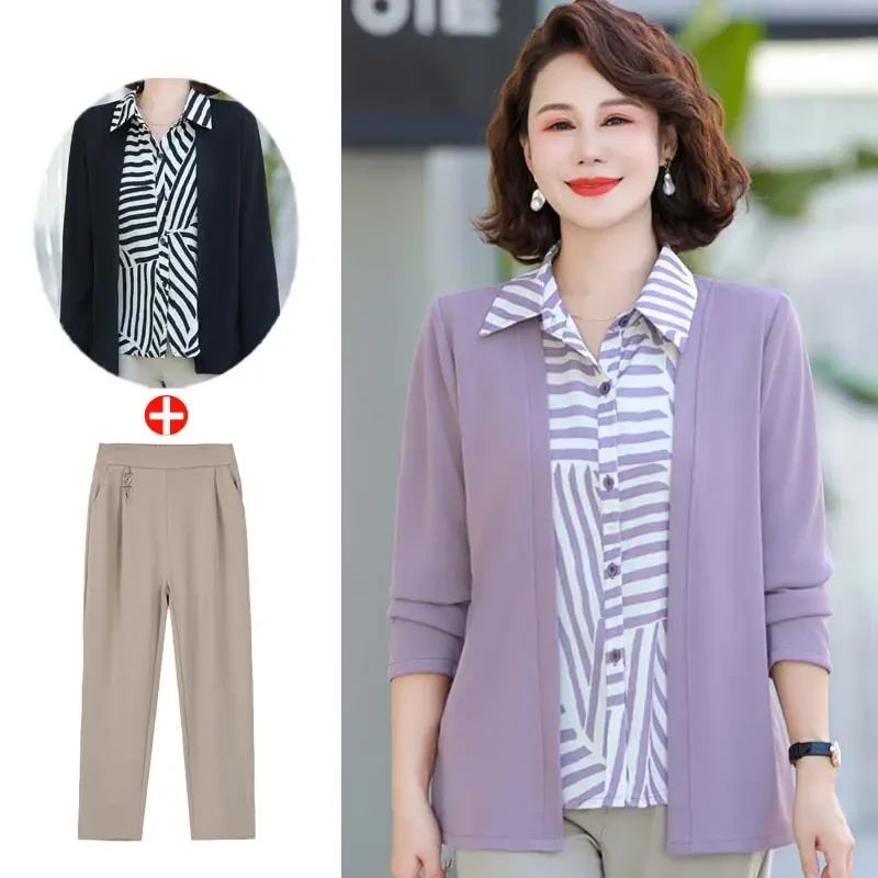 妈妈装2025新款春秋针织假两件衬衫中老年女装长袖打底衫洋气上衣