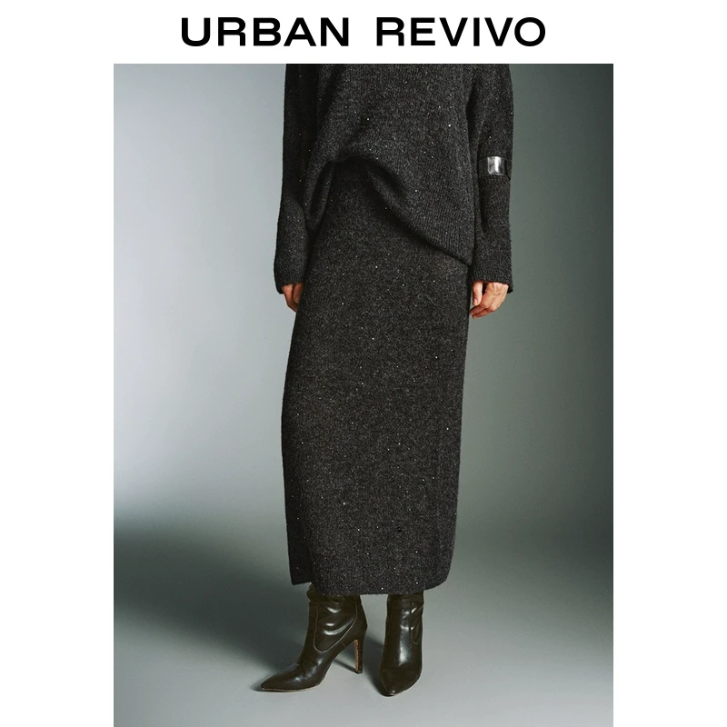 UR2024冬季新款女装时髦气质修身细闪亮片针织半裙UWJ940064