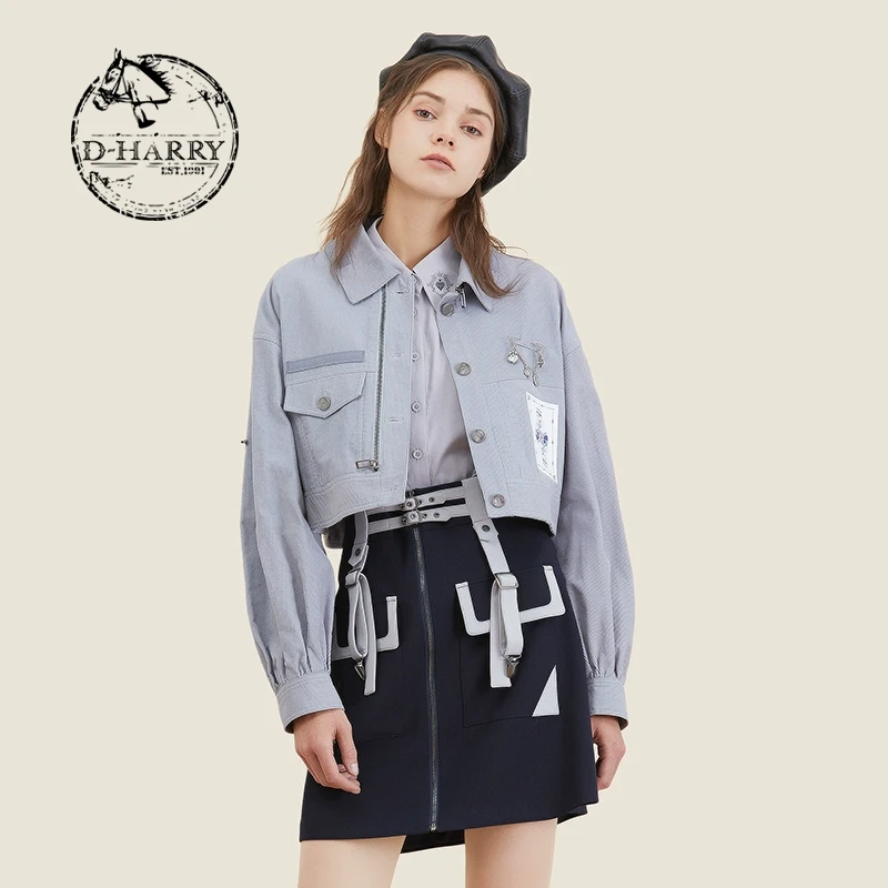 D-HARRY/迪哈利秋天空薄荷蓝高腰灯芯绒少短外套DH213A93085D