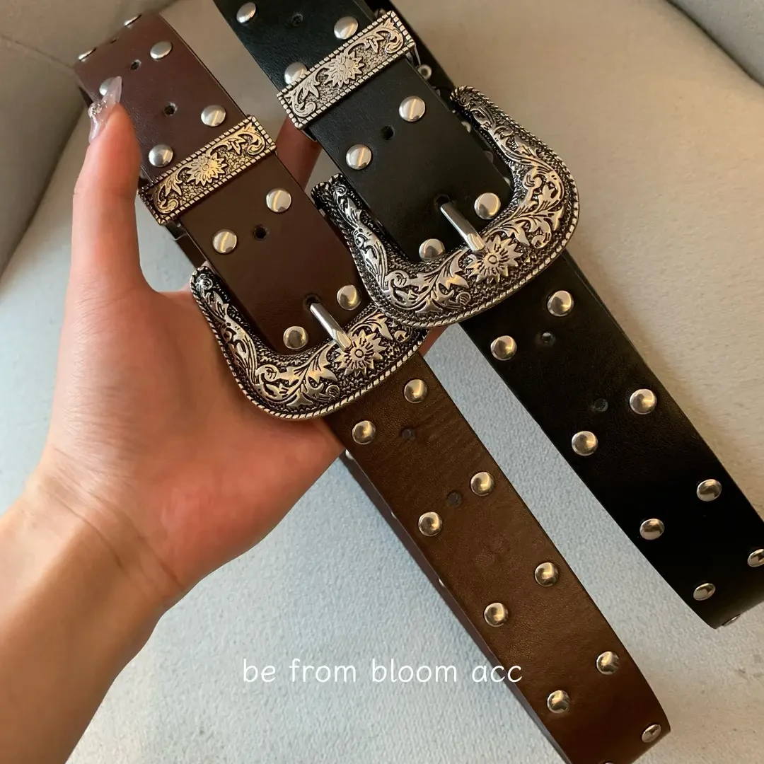 Y2K复古百搭牛仔裤腰带女新款辣妹双排铆钉雕花针扣时尚皮带黑色