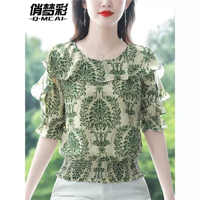 2023碎花中袖雪纺衫2025新款女款夏季荷叶边别致上衣减龄短款气质