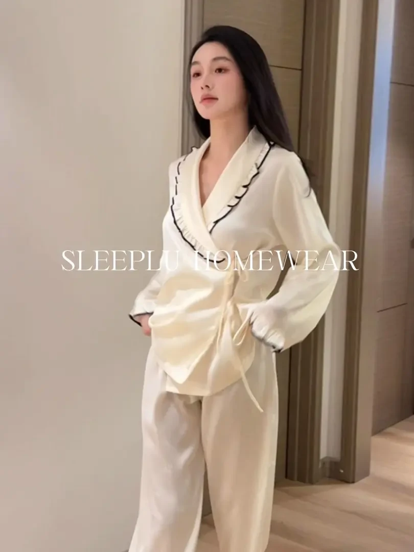 秋季新款法式高级感慵懒风提花冰丝睡衣女春秋长袖系带气质家居服