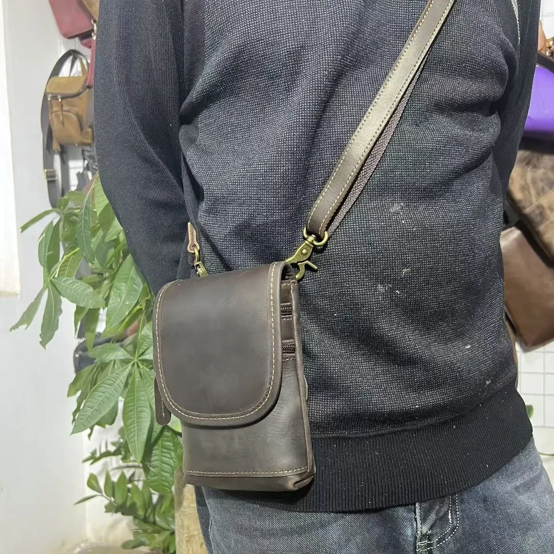 疯马皮男士斜挎单肩包真皮复古休闲多功能手机包工作包