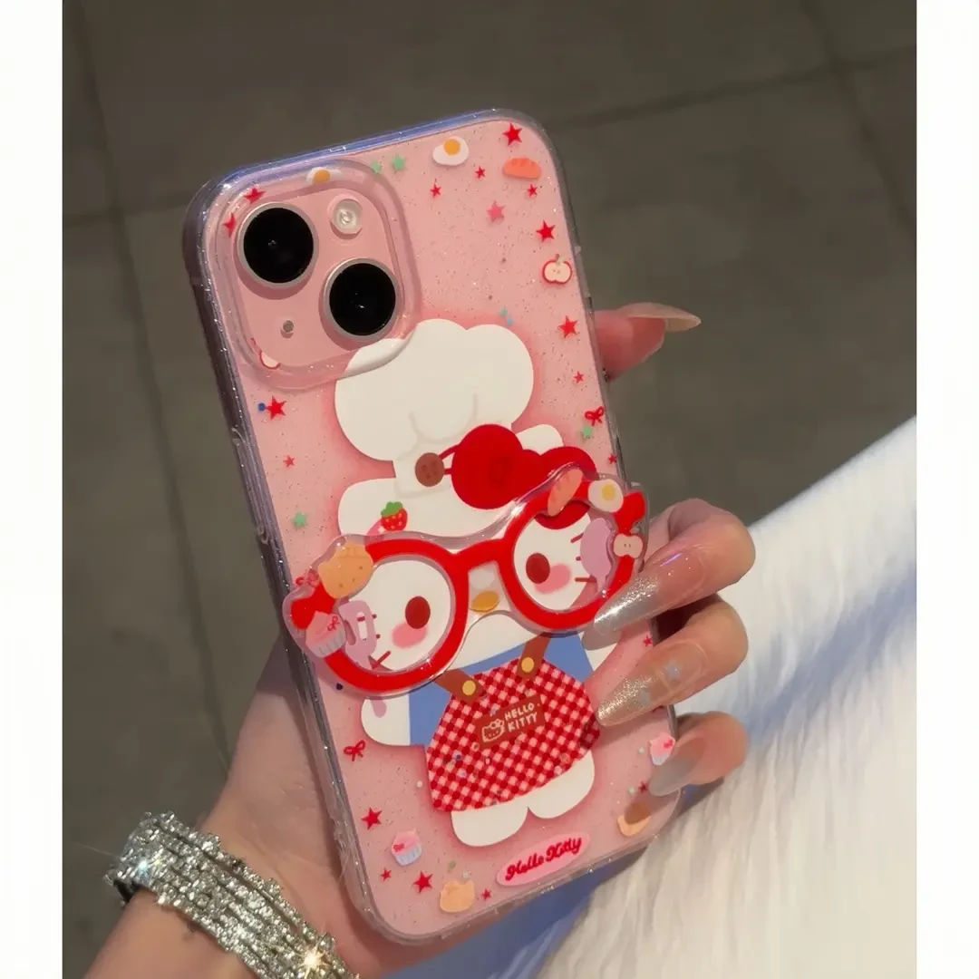 适用厨师Kitty立体眼镜iPhone16promax/15闪粉13/14手机壳12/11