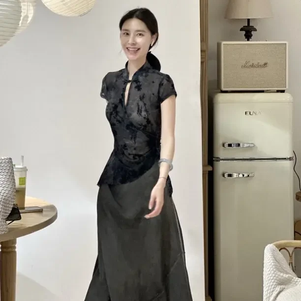 夏季新中式国风盘扣不规则立领修身显瘦短袖女上衣