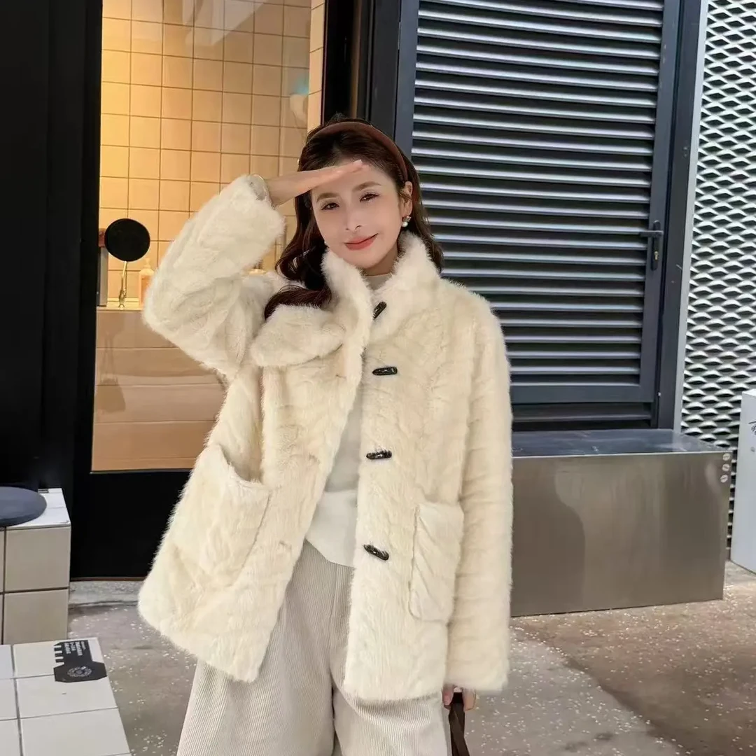 邹先森25639-29韩系时尚人字纹毛毛编织纽扣冬季保暖外套小香风