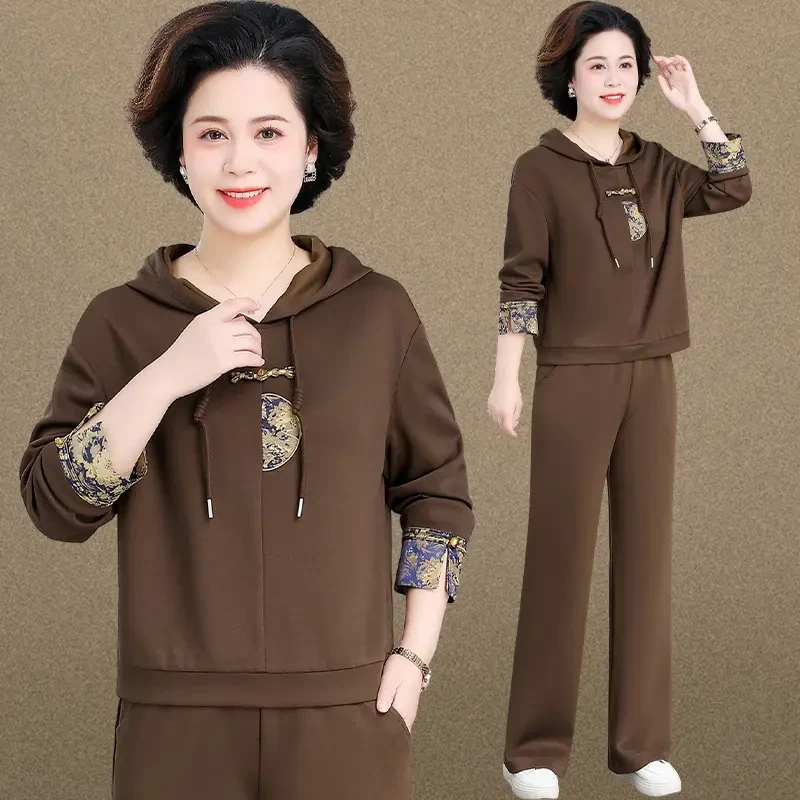 F629妈妈春装新中式国风长袖套装时尚50岁中老年女卫衣运动两件套