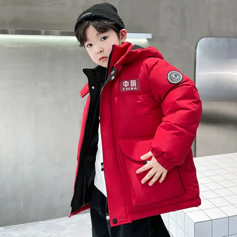 男童羽绒棉服冬装2025新款中大童加厚红色男孩龙年大童牛仔蓝儿童