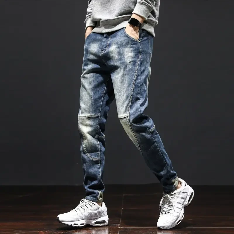 春季新款美式工装男牛仔裤潮牌时尚宽松大码束脚裤弹力男士哈伦裤