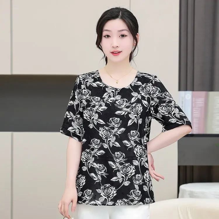 F306新款时尚显瘦洋气上衣短袖防水宽松型衬衫袖碎花T恤背带边