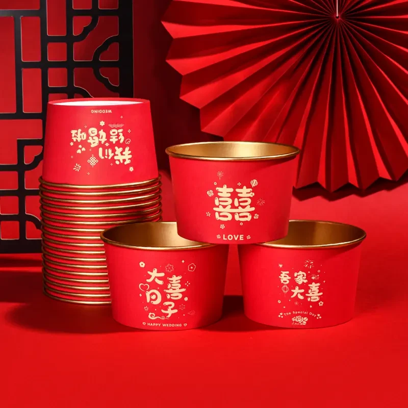 婚庆金箔色纸碗500ML一次性餐碗具加厚婚宴家用结婚婚礼喜庆餐盒