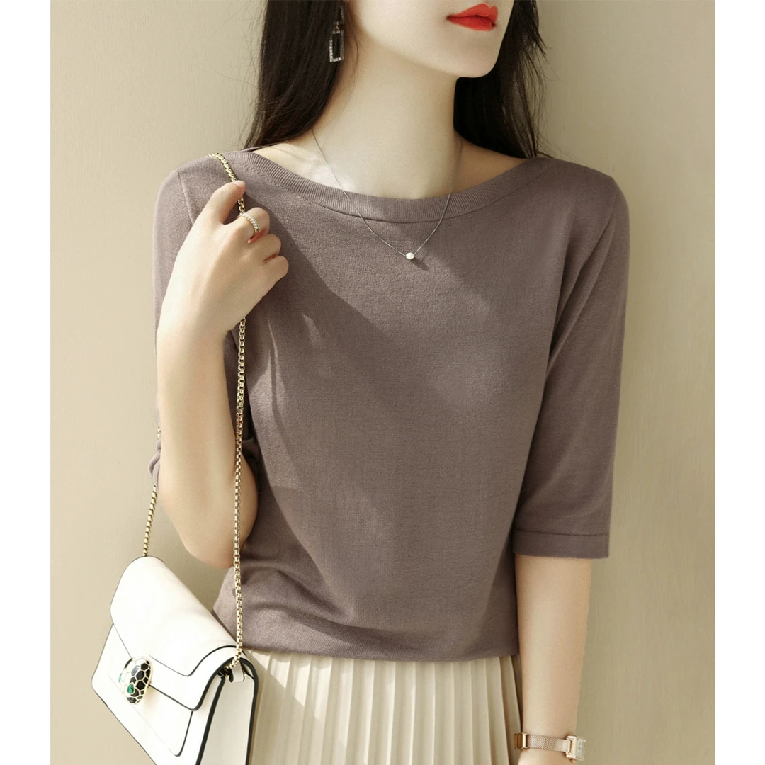 2025年时尚一字领百搭中袖内搭打底高级感春季简约套头修身针织衫