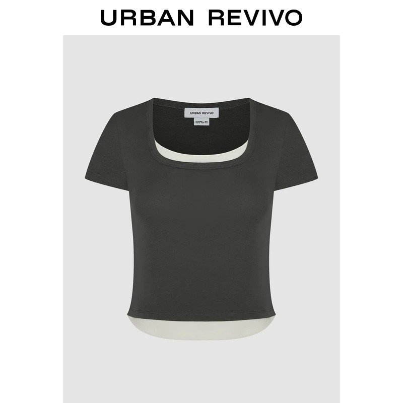 UR2025春季新款女装欧若风休闲撞色假两件修身短袖T恤UYY450066
