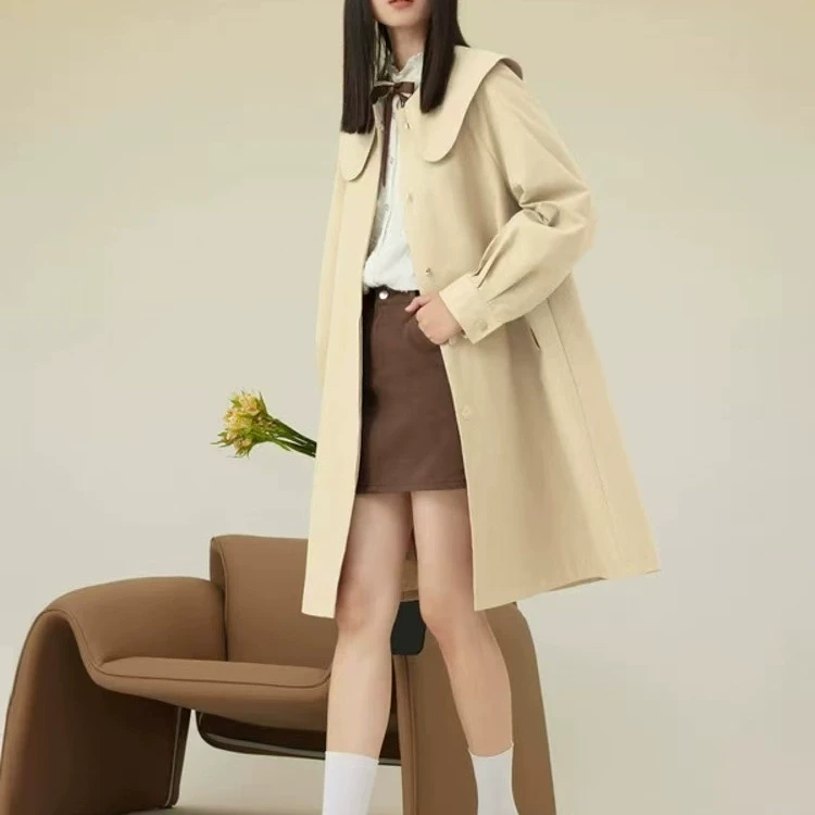 橙子家女装春秋季宽松时尚甜美可爱娃娃领风衣外套