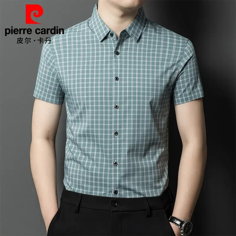 皮尔卡丹正品男士短袖衬衫新款中年男士高档格子休闲免烫商务衬衣