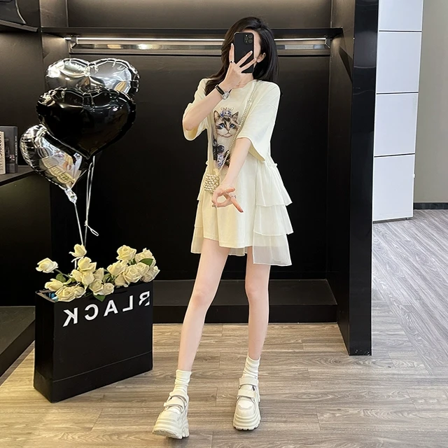 夏季甜美减龄印花网纱拼接连衣裙女小个子显高显瘦宽松休闲T恤裙