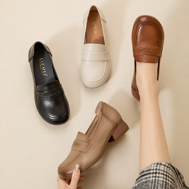 欧卡汇妈妈鞋新款春季女士真皮牛皮皮鞋舒适百搭复古简约休闲单鞋