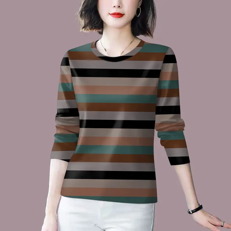 新品捡漏韩版高档长袖2025印花圆领春秋妈妈t恤显瘦百搭打底衫女