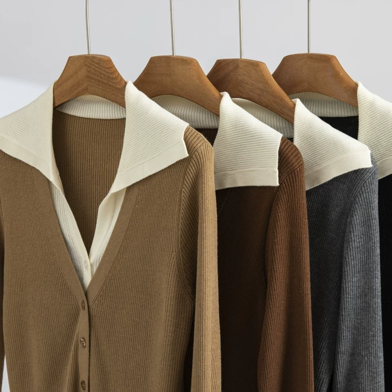 【60支】超细精纺羊毛开衫时尚气质显瘦长袖翻领假两件针织上衣打底