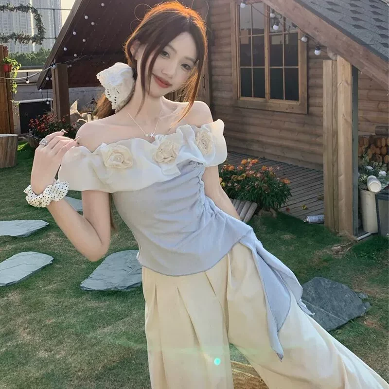 法式甜美温柔风一字肩飘带衬衫女夏季新款高腰休闲阔腿长裤两件套