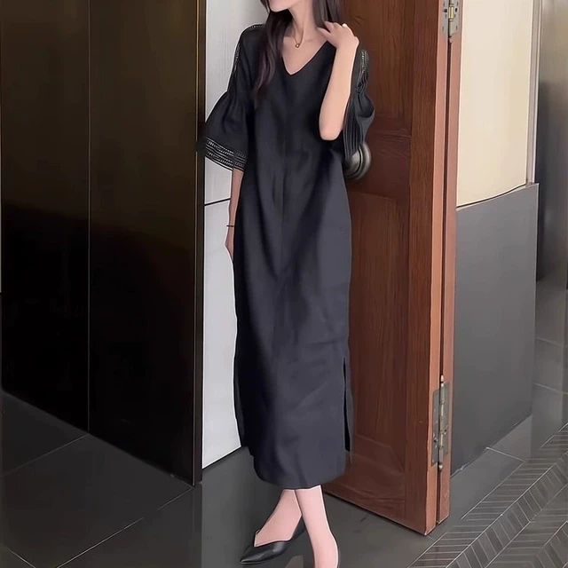 法式简约休闲宽松短袖连衣裙女夏微胖显瘦气质高级感小众开叉长裙