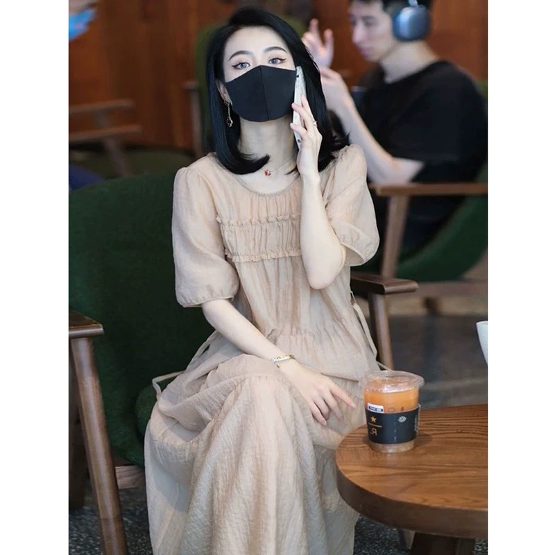 法式高端网纱雪纺连衣裙2025夏季新款大码气质轻奢度假沙滩大摆裙