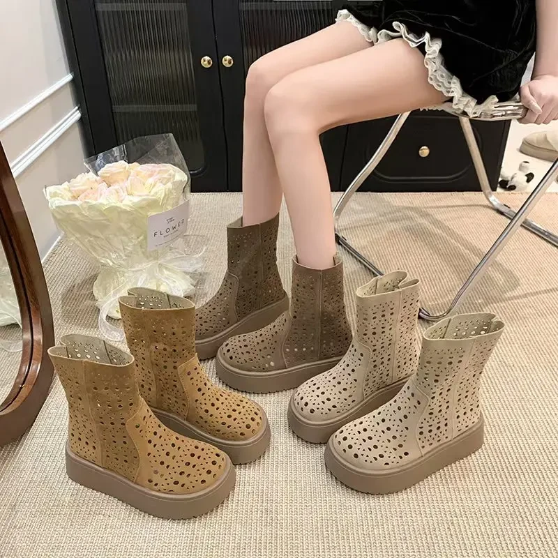 厚底增高5公分薄款镂空网靴女2025夏季新款百搭平底洞洞鞋ZX