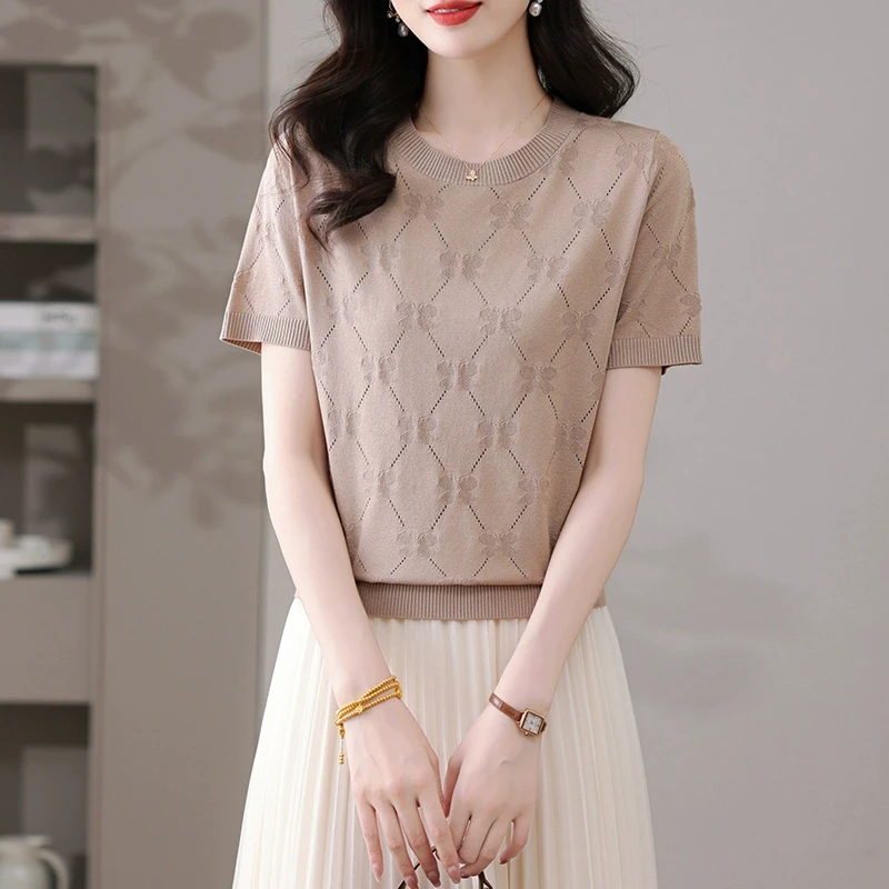 冰丝针织衫短袖t恤女士夏季2025新款洋气提花漂亮宽松体恤衫上衣T