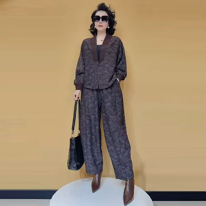 50170欧货两件套春季新款洋气提花棉百搭开衫外套高腰阔腿裤套装