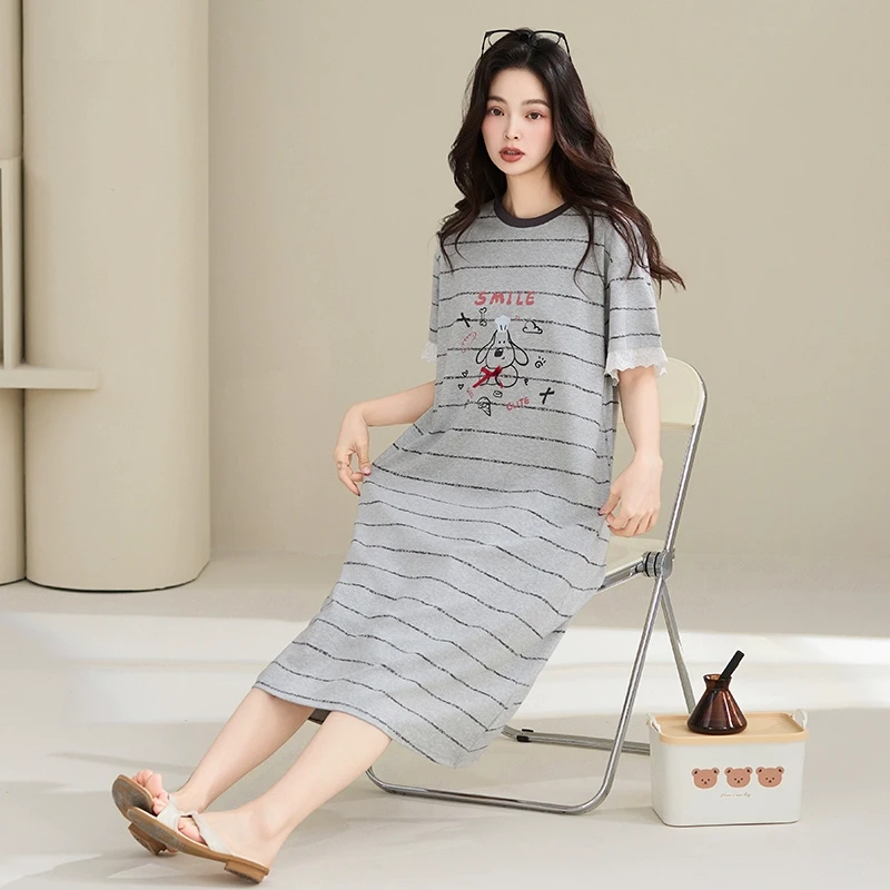 200斤胖M冰丝凉感睡裙女纯棉大码2025抗菌卡通短袖宽松显瘦家居服