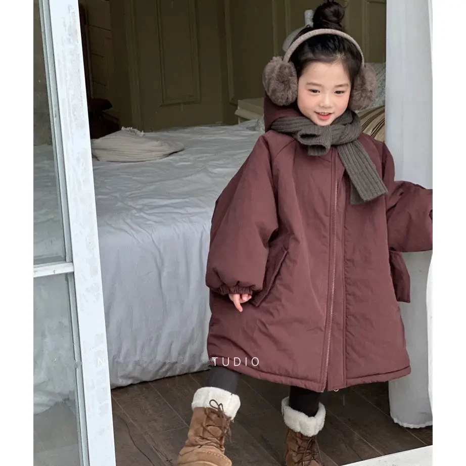 韩式儿童加绒加厚连帽外套2025冬季亲子装洋气保暖中长款派克棉袄