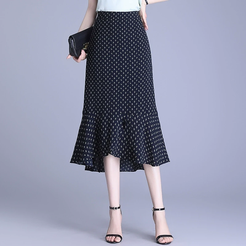 波点鱼尾裙包臀裙女夏季2025新款高腰显瘦中长款不规则a字半身裙